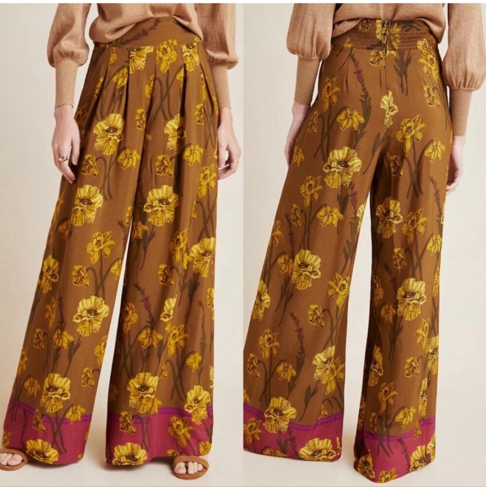 New Anthropologie Maeve Terrace Smocked High Waist Floral Wide Leg Striped Pants